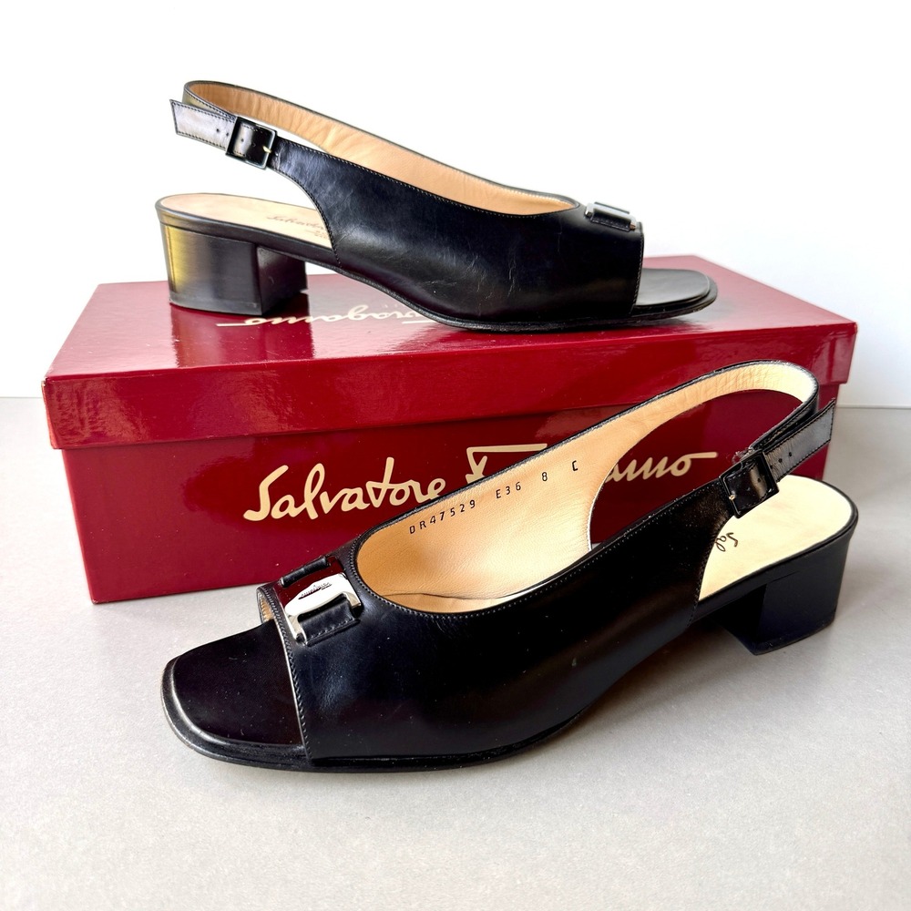 Salvatore Ferragamo Renata Leather Slingbacks US 8 Wide Black Block Heel Classic